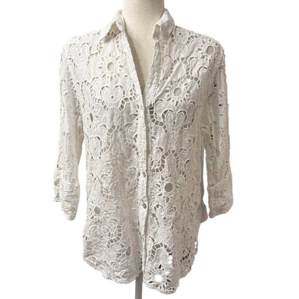 FARM Rio White Crochet Lace Button Front Top Cover Up Shirt Small Boho Resort - Picture 2 of 8